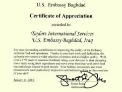 Certificate of Appreciation from the US Embassy in Baghdad to Taylors International Services